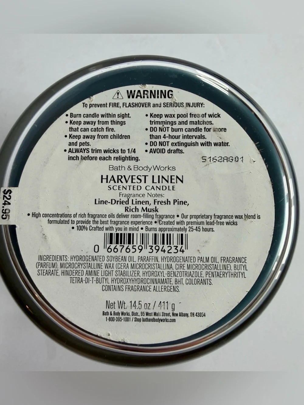 Bath & Body Works Harvest Linen 3-Wick Candle 14.5 oz Soy Blend Fresh Pine Musk